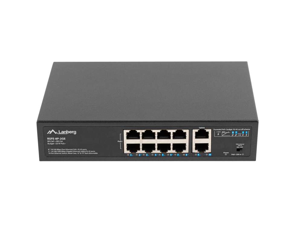 SWITCH LANBERG 10 PTOS 100MB 8xPOE+/2x GBIT ETHER 120W RACK 10"/19"